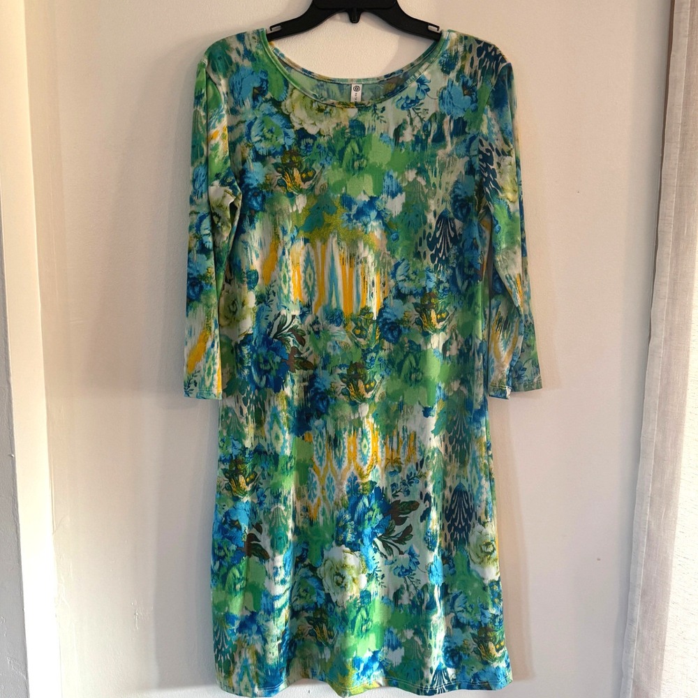 Jean-Pierre Klifa Dress Medium Green Blue Abstract Floral 3/4 Sleeve Shift